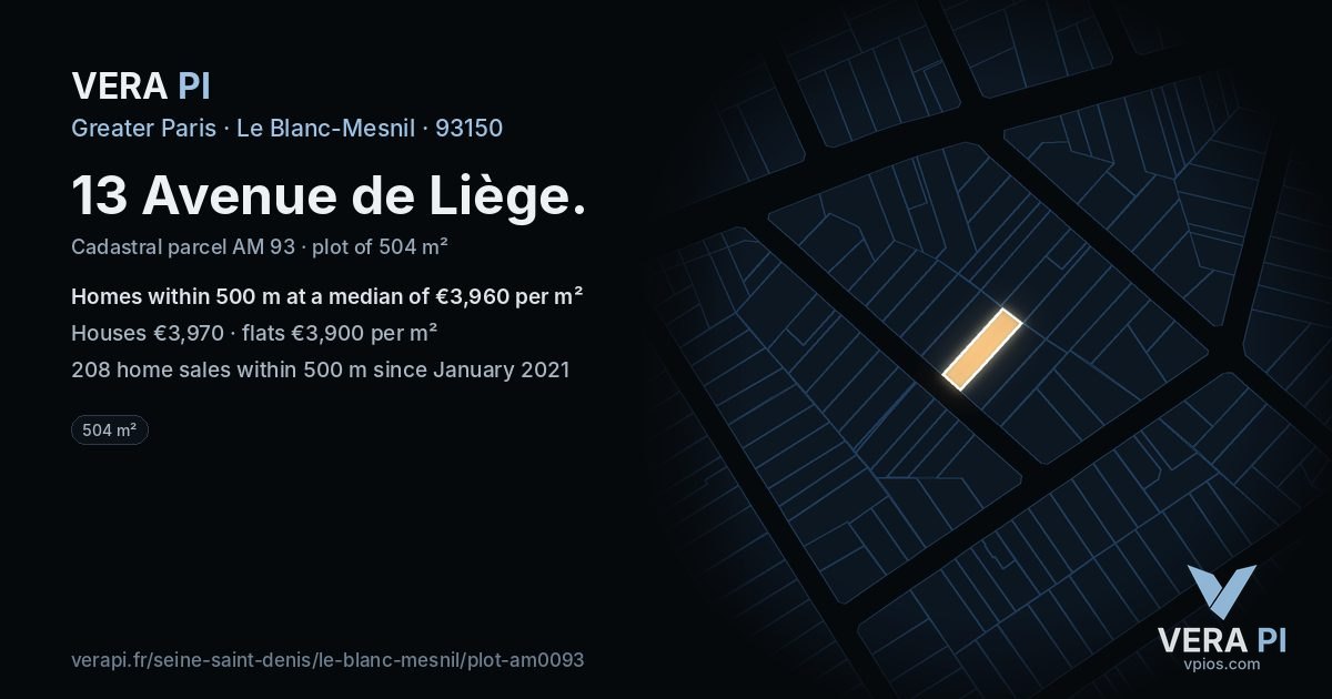 13 Avenue de Liège, Le Blanc-Mesnil at night – the plot lit, the parcels around coloured by the prices near them