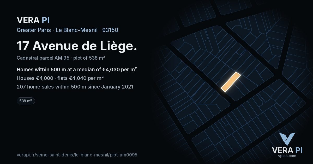 17 Avenue de Liège, Le Blanc-Mesnil at night – the plot lit, the parcels around coloured by the prices near them