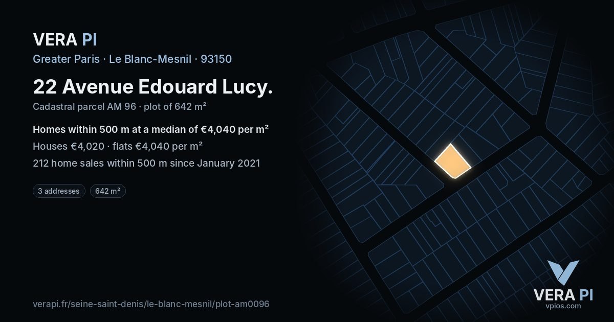 22 Avenue Edouard Lucy, Le Blanc-Mesnil at night – the plot lit, the parcels around coloured by the prices near them