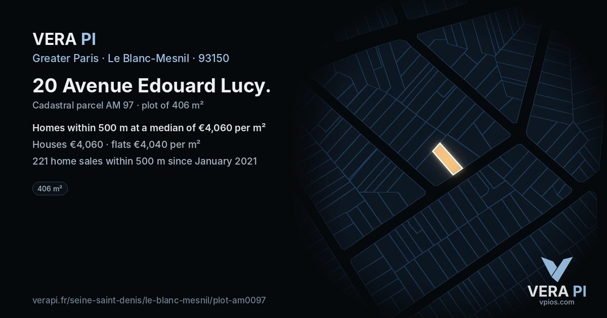 20 Avenue Edouard Lucy, Le Blanc-Mesnil at night – the plot lit, the parcels around coloured by the prices near them