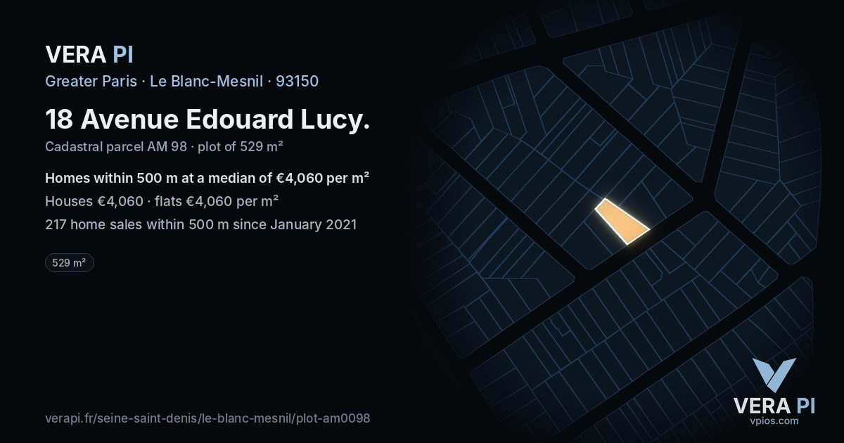 18 Avenue Edouard Lucy, Le Blanc-Mesnil at night – the plot lit, the parcels around coloured by the prices near them