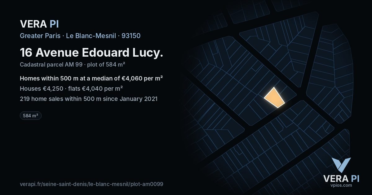 16 Avenue Edouard Lucy, Le Blanc-Mesnil at night – the plot lit, the parcels around coloured by the prices near them
