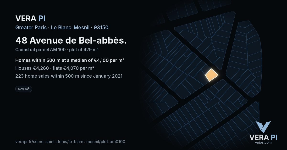48 Avenue de Bel-abbès, Le Blanc-Mesnil at night – the plot lit, the parcels around coloured by the prices near them