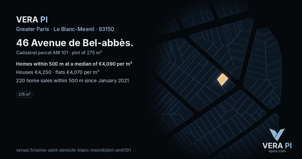 46 Avenue de Bel-abbès, Le Blanc-Mesnil at night – the plot lit, the parcels around coloured by the prices near them
