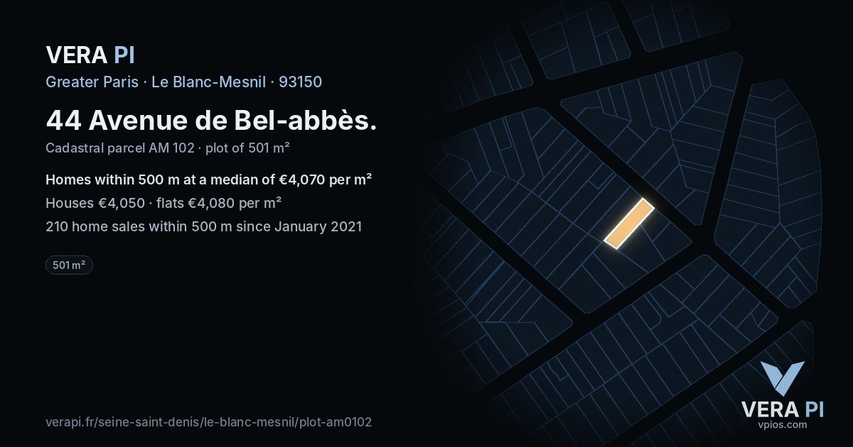 44 Avenue de Bel-abbès, Le Blanc-Mesnil at night – the plot lit, the parcels around coloured by the prices near them