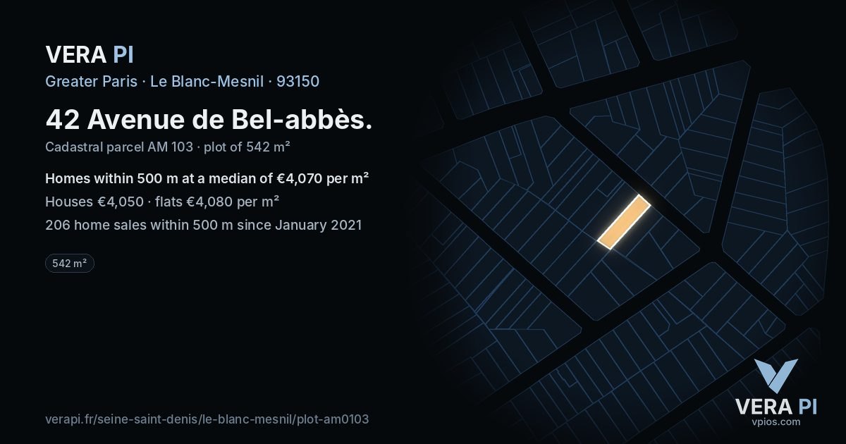 42 Avenue de Bel-abbès, Le Blanc-Mesnil at night – the plot lit, the parcels around coloured by the prices near them