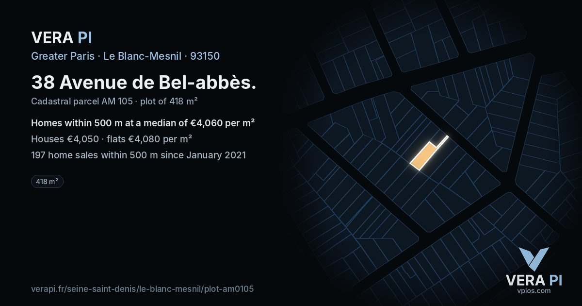 38 Avenue de Bel-abbès, Le Blanc-Mesnil at night – the plot lit, the parcels around coloured by the prices near them