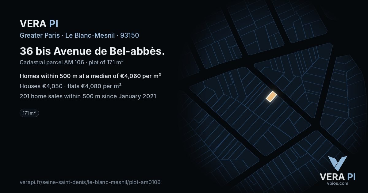 36 bis Avenue de Bel-abbès, Le Blanc-Mesnil at night – the plot lit, the parcels around coloured by the prices near them