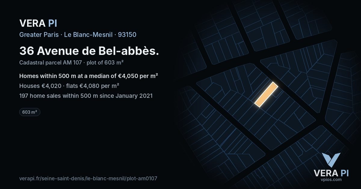 36 Avenue de Bel-abbès, Le Blanc-Mesnil at night – the plot lit, the parcels around coloured by the prices near them