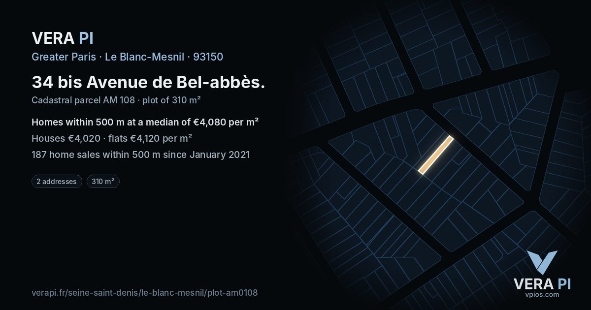 34 bis Avenue de Bel-abbès, Le Blanc-Mesnil at night – the plot lit, the parcels around coloured by the prices near them