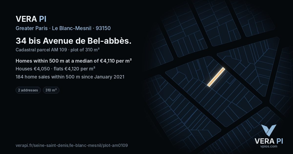 34 bis Avenue de Bel-abbès, Le Blanc-Mesnil at night – the plot lit, the parcels around coloured by the prices near them
