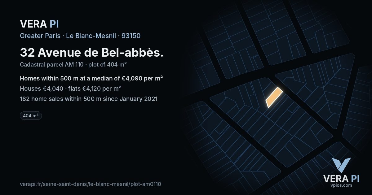 32 Avenue de Bel-abbès, Le Blanc-Mesnil at night – the plot lit, the parcels around coloured by the prices near them