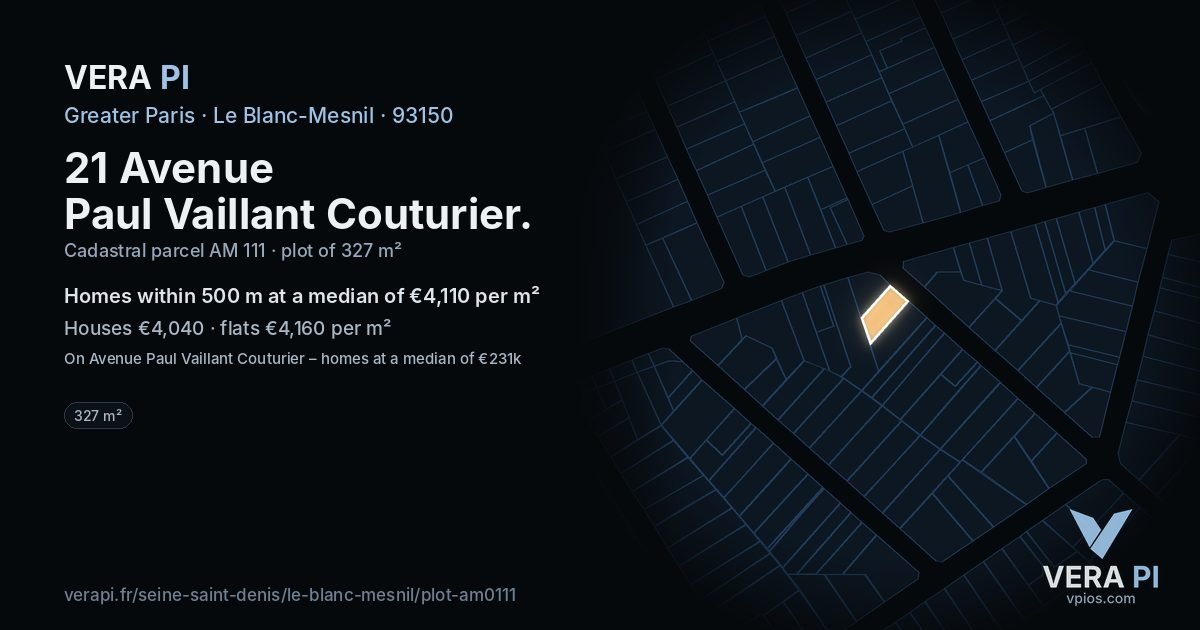 21 Avenue Paul Vaillant Couturier, Le Blanc-Mesnil at night – the plot lit, the parcels around coloured by the prices near them