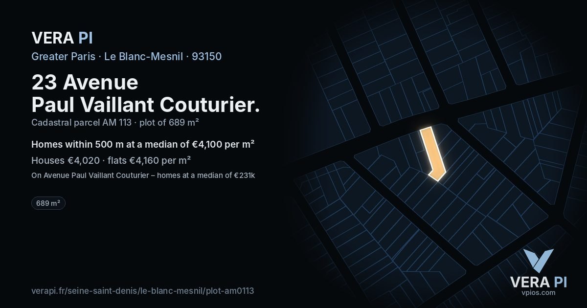 23 Avenue Paul Vaillant Couturier, Le Blanc-Mesnil at night – the plot lit, the parcels around coloured by the prices near them