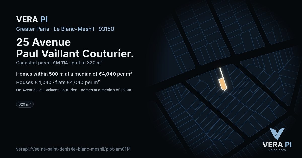 25 Avenue Paul Vaillant Couturier, Le Blanc-Mesnil at night – the plot lit, the parcels around coloured by the prices near them