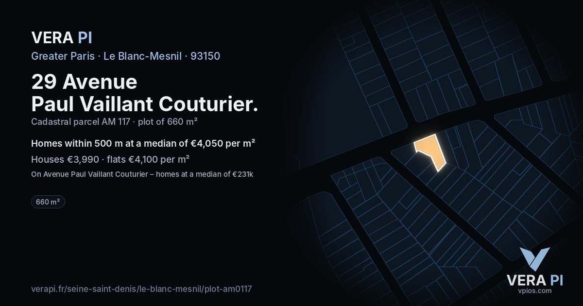 29 Avenue Paul Vaillant Couturier, Le Blanc-Mesnil at night – the plot lit, the parcels around coloured by the prices near them