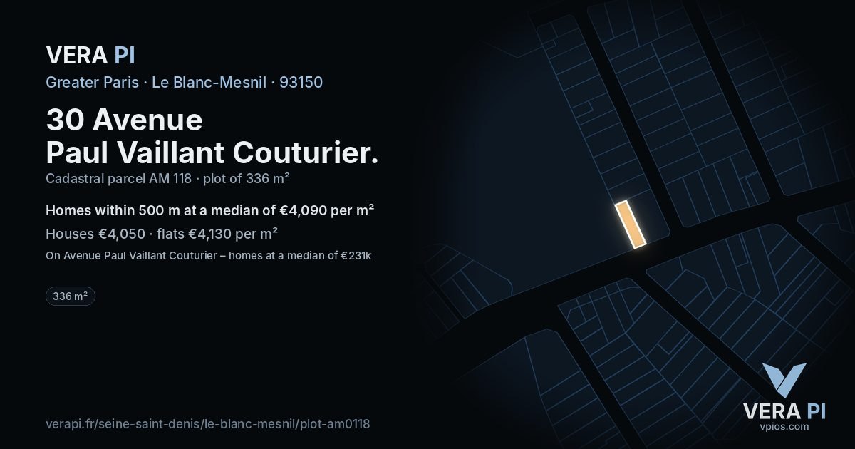 30 Avenue Paul Vaillant Couturier, Le Blanc-Mesnil at night – the plot lit, the parcels around coloured by the prices near them
