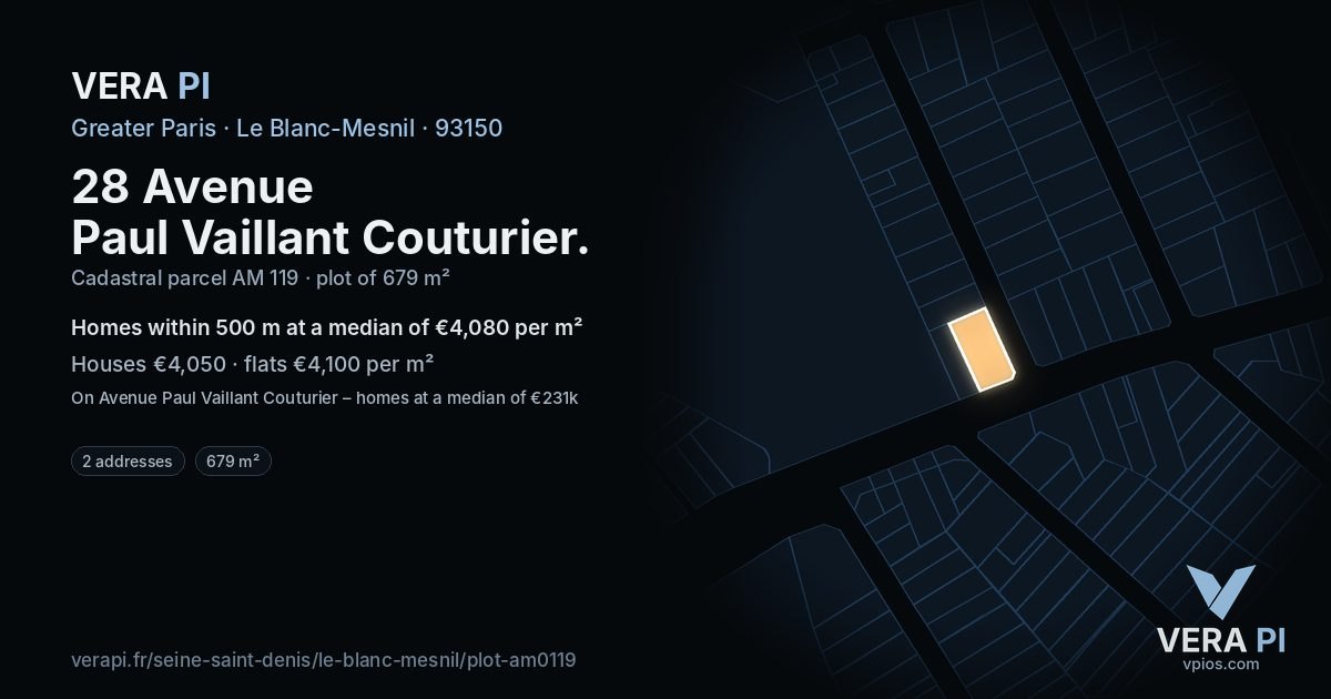28 Avenue Paul Vaillant Couturier, Le Blanc-Mesnil at night – the plot lit, the parcels around coloured by the prices near them