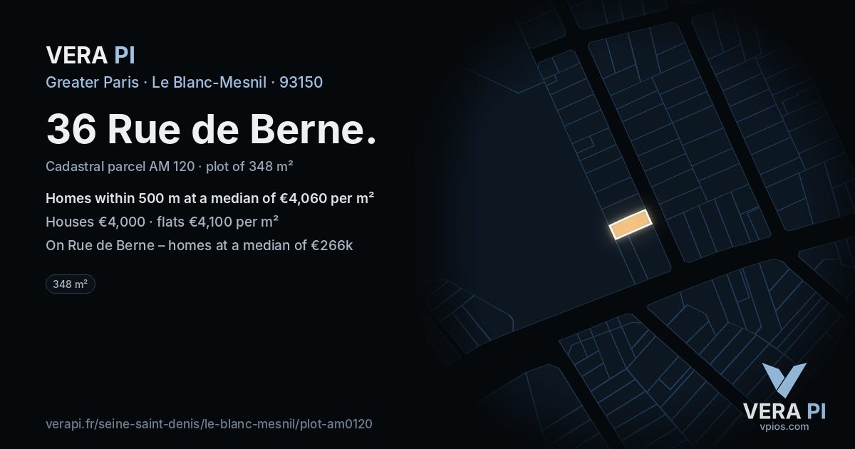 36 Rue de Berne, Le Blanc-Mesnil at night – the plot lit, the parcels around coloured by the prices near them