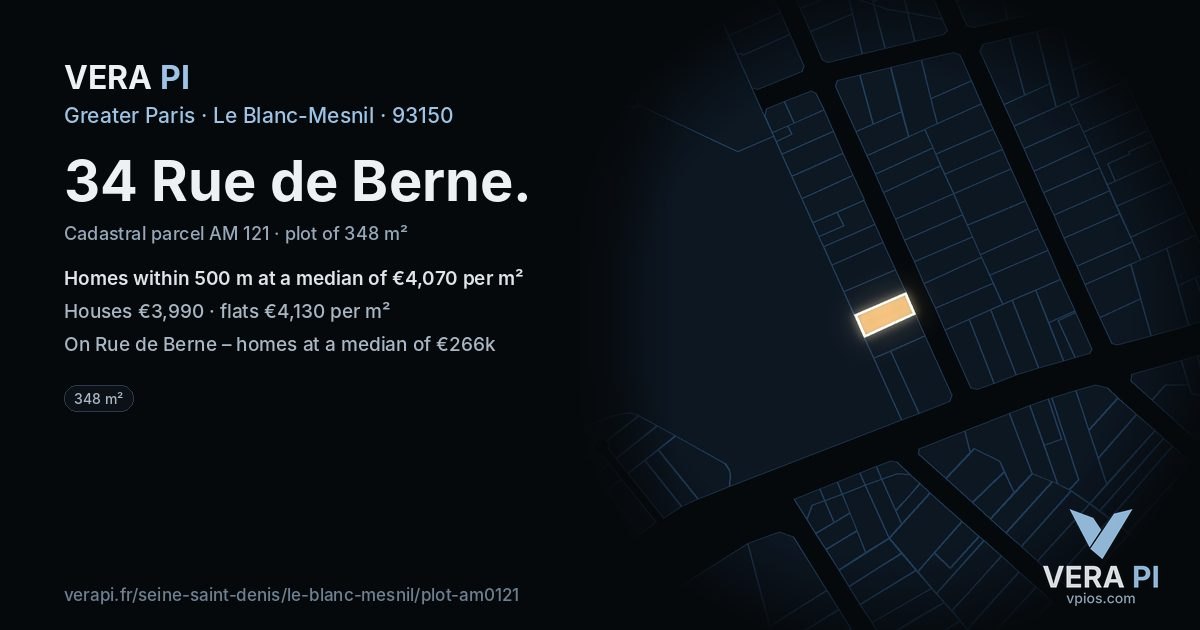 34 Rue de Berne, Le Blanc-Mesnil at night – the plot lit, the parcels around coloured by the prices near them