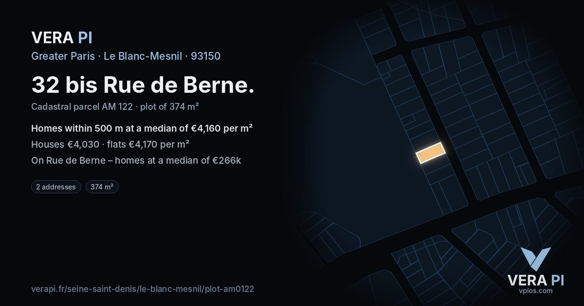 32 bis Rue de Berne, Le Blanc-Mesnil at night – the plot lit, the parcels around coloured by the prices near them