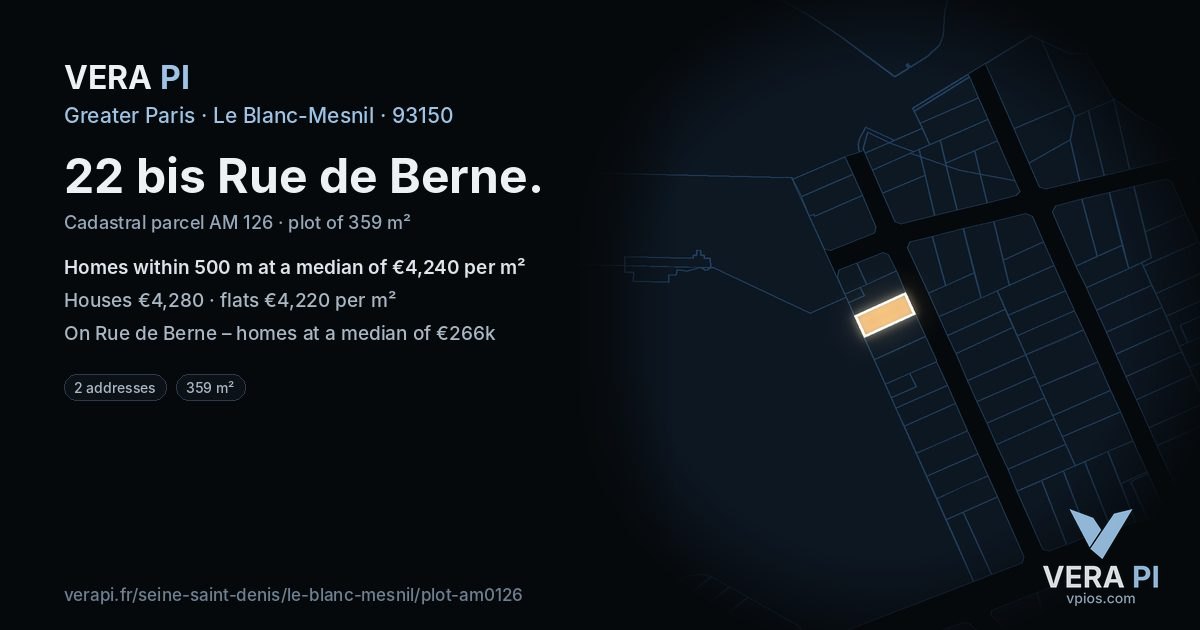22 bis Rue de Berne, Le Blanc-Mesnil at night – the plot lit, the parcels around coloured by the prices near them