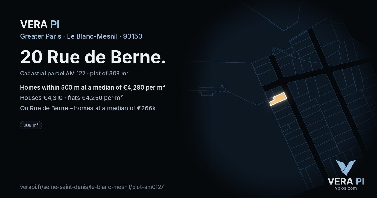 20 Rue de Berne, Le Blanc-Mesnil at night – the plot lit, the parcels around coloured by the prices near them