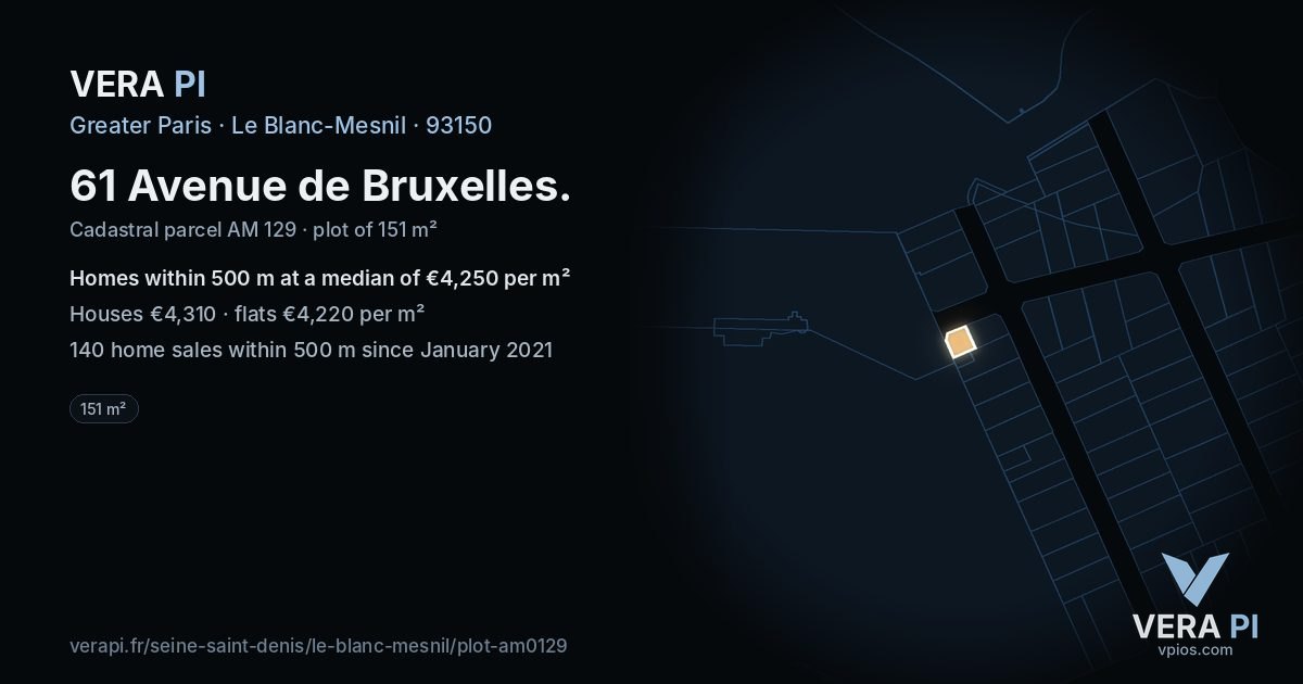 61 Avenue de Bruxelles, Le Blanc-Mesnil at night – the plot lit, the parcels around coloured by the prices near them