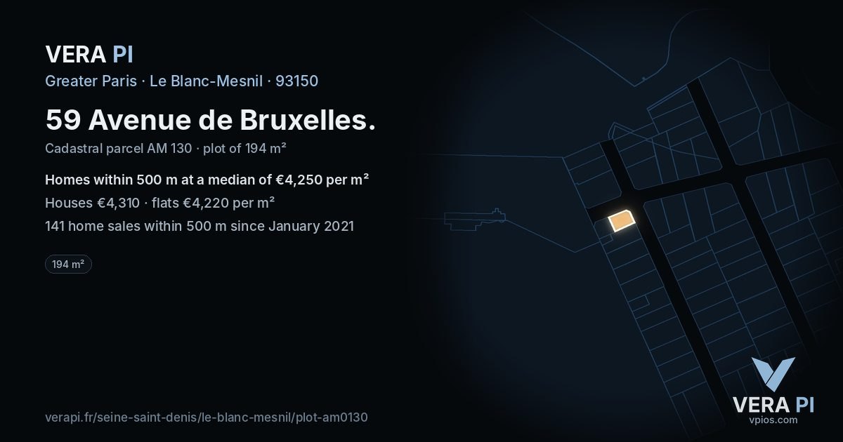 59 Avenue de Bruxelles, Le Blanc-Mesnil at night – the plot lit, the parcels around coloured by the prices near them