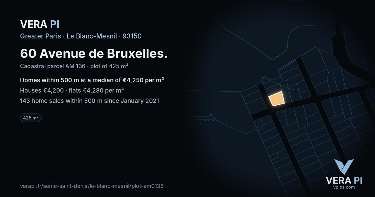 60 Avenue de Bruxelles, Le Blanc-Mesnil at night – the plot lit, the parcels around coloured by the prices near them