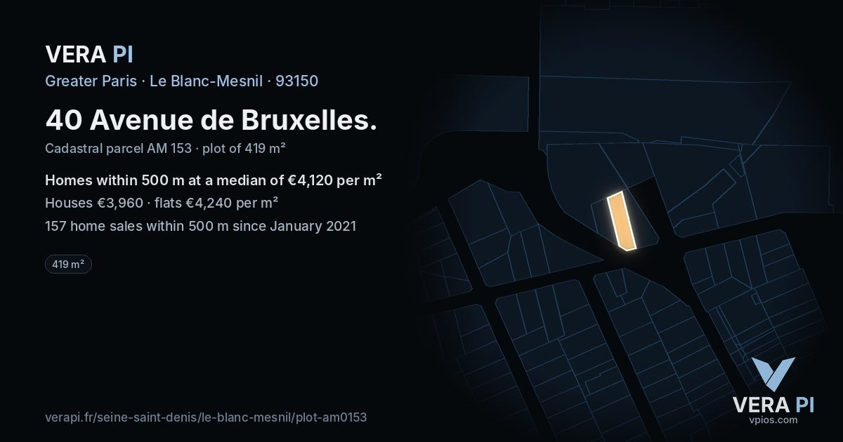 40 Avenue de Bruxelles, Le Blanc-Mesnil at night – the plot lit, the parcels around coloured by the prices near them