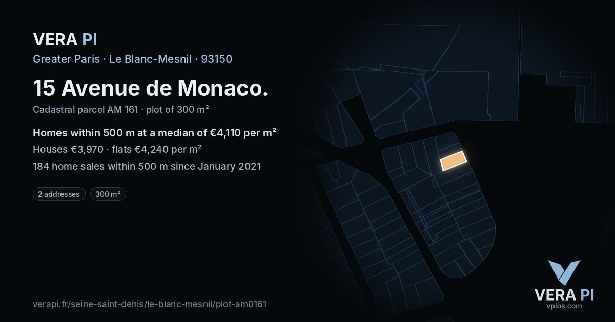 15 Avenue de Monaco, Le Blanc-Mesnil at night – the plot lit, the parcels around coloured by the prices near them