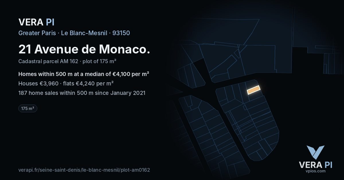 21 Avenue de Monaco, Le Blanc-Mesnil at night – the plot lit, the parcels around coloured by the prices near them