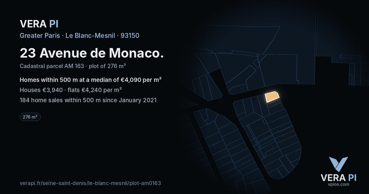 23 Avenue de Monaco, Le Blanc-Mesnil at night – the plot lit, the parcels around coloured by the prices near them
