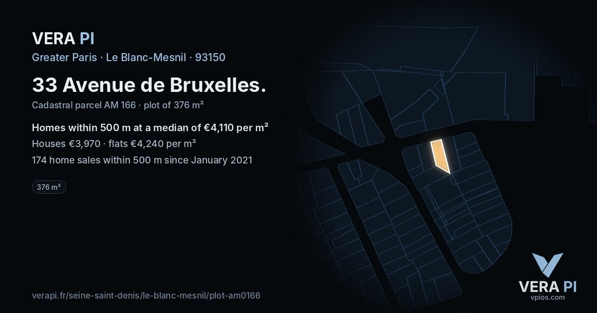 33 Avenue de Bruxelles, Le Blanc-Mesnil at night – the plot lit, the parcels around coloured by the prices near them