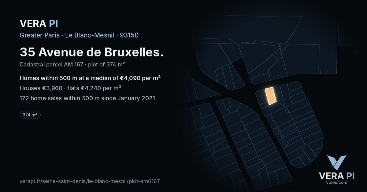 35 Avenue de Bruxelles, Le Blanc-Mesnil at night – the plot lit, the parcels around coloured by the prices near them