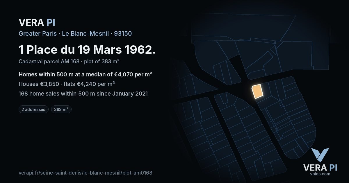 1 Place du 19 Mars 1962, Le Blanc-Mesnil at night – the plot lit, the parcels around coloured by the prices near them