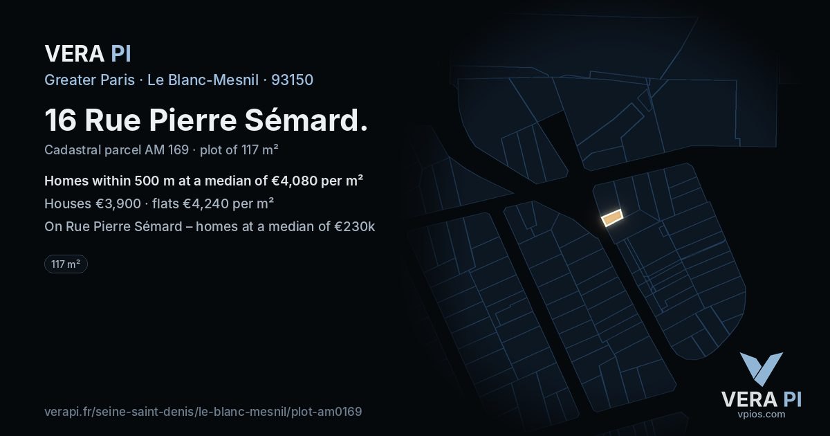 16 Rue Pierre Sémard, Le Blanc-Mesnil at night – the plot lit, the parcels around coloured by the prices near them