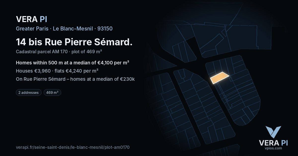14 bis Rue Pierre Sémard, Le Blanc-Mesnil at night – the plot lit, the parcels around coloured by the prices near them