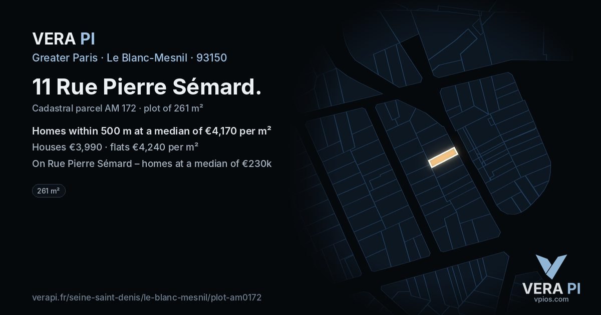11 Rue Pierre Sémard, Le Blanc-Mesnil at night – the plot lit, the parcels around coloured by the prices near them