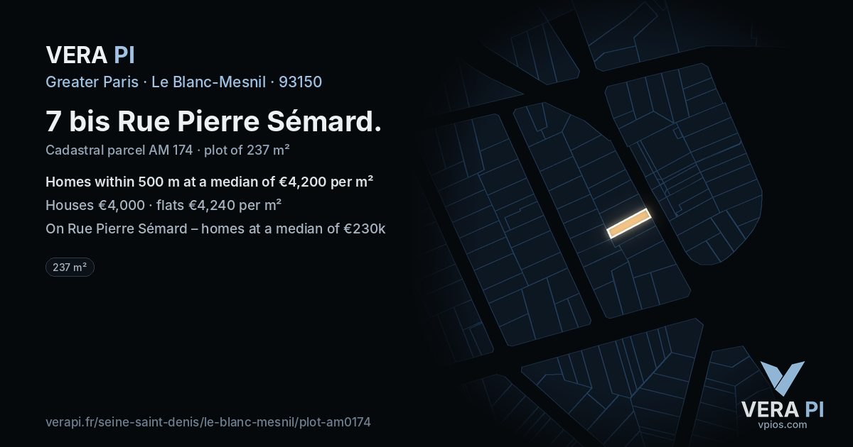 7 bis Rue Pierre Sémard, Le Blanc-Mesnil at night – the plot lit, the parcels around coloured by the prices near them
