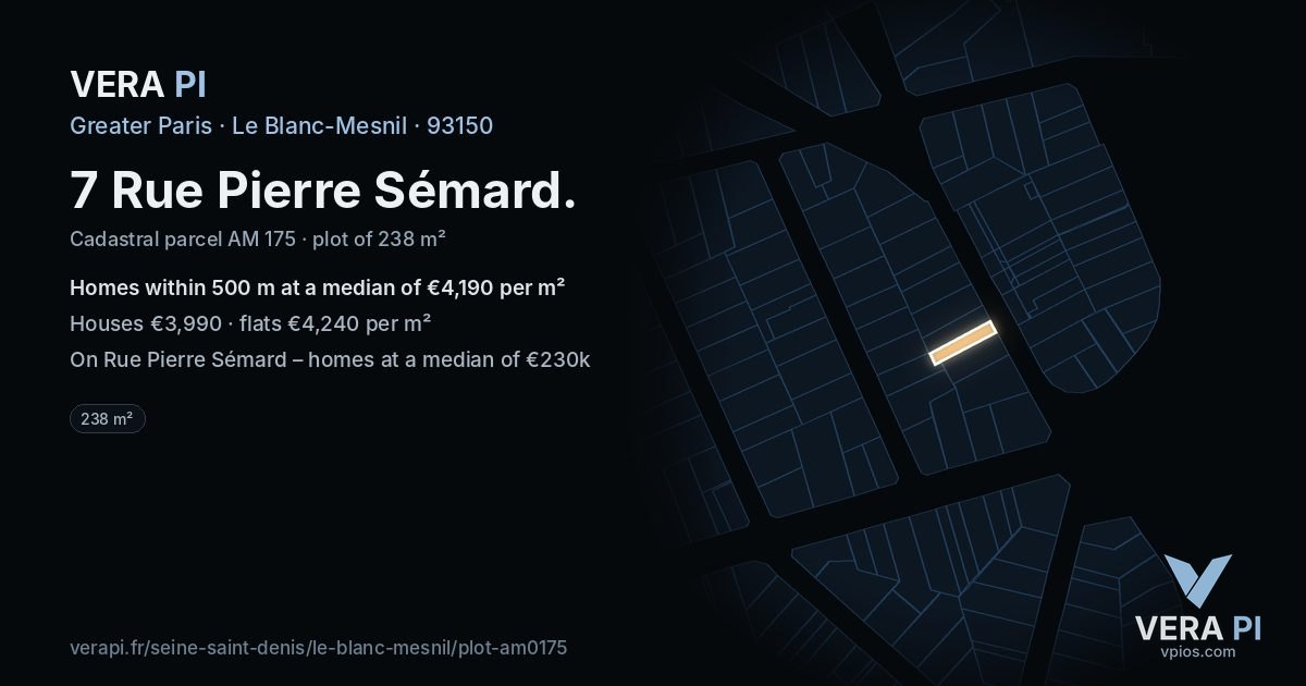 7 Rue Pierre Sémard, Le Blanc-Mesnil at night – the plot lit, the parcels around coloured by the prices near them