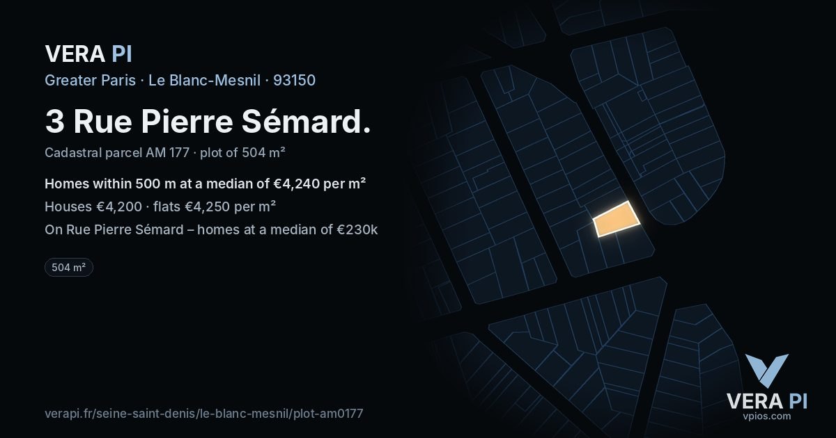 3 Rue Pierre Sémard, Le Blanc-Mesnil at night – the plot lit, the parcels around coloured by the prices near them