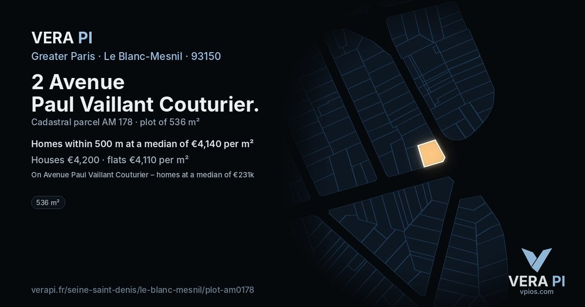 2 Avenue Paul Vaillant Couturier, Le Blanc-Mesnil at night – the plot lit, the parcels around coloured by the prices near them