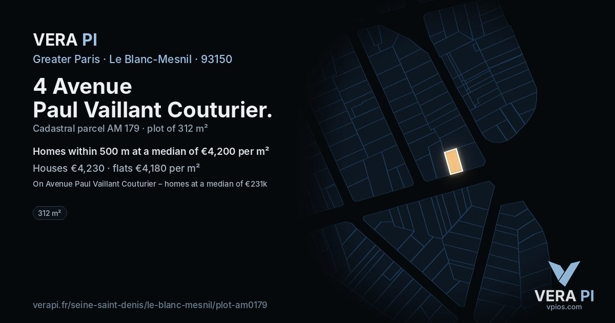 4 Avenue Paul Vaillant Couturier, Le Blanc-Mesnil at night – the plot lit, the parcels around coloured by the prices near them