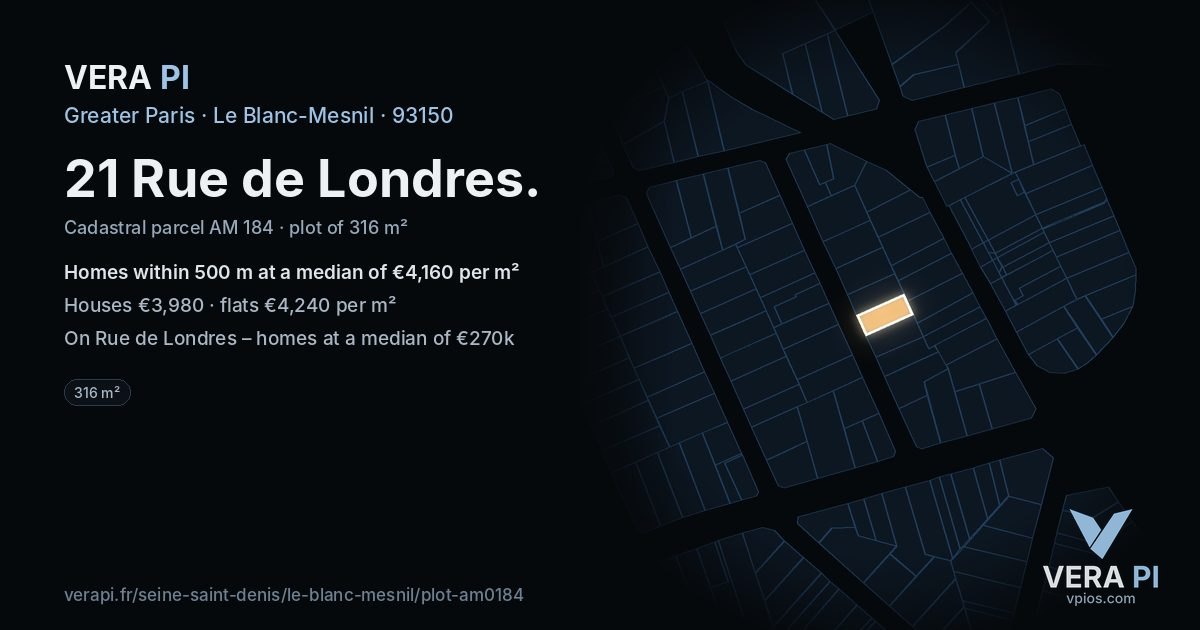 21 Rue de Londres, Le Blanc-Mesnil at night – the plot lit, the parcels around coloured by the prices near them