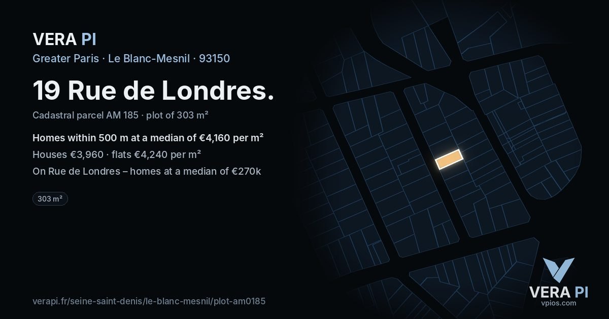 19 Rue de Londres, Le Blanc-Mesnil at night – the plot lit, the parcels around coloured by the prices near them