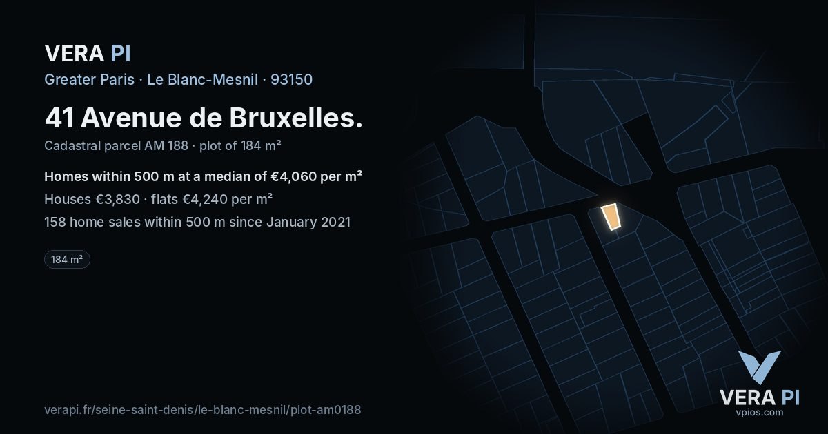 41 Avenue de Bruxelles, Le Blanc-Mesnil at night – the plot lit, the parcels around coloured by the prices near them