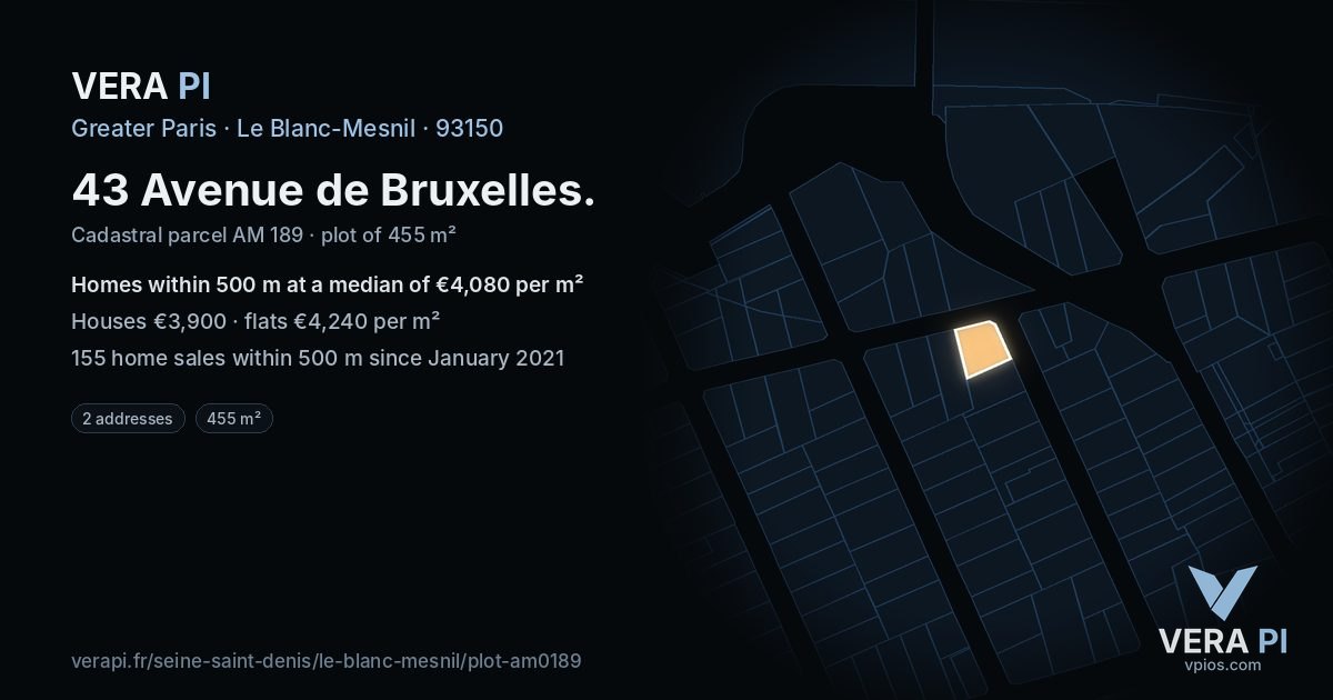 43 Avenue de Bruxelles, Le Blanc-Mesnil at night – the plot lit, the parcels around coloured by the prices near them