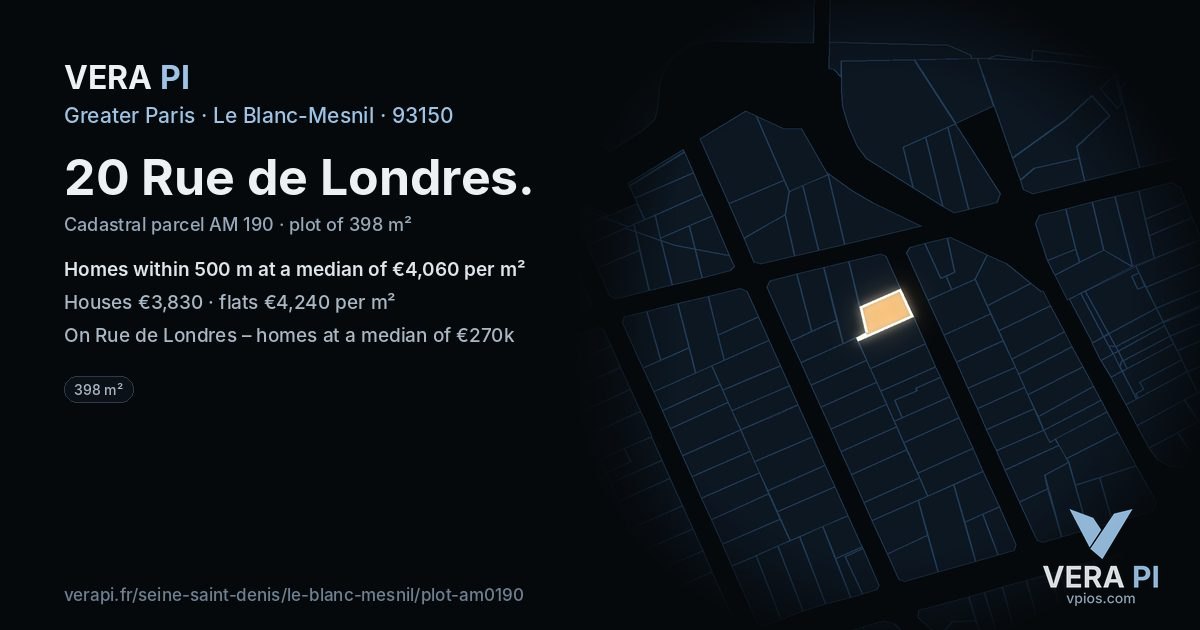 20 Rue de Londres, Le Blanc-Mesnil at night – the plot lit, the parcels around coloured by the prices near them